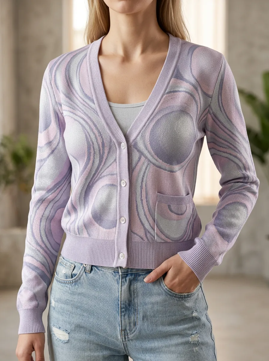Women's Pastel Swirl Pattern Printed V-Neck Relaxed Layering Cardigan