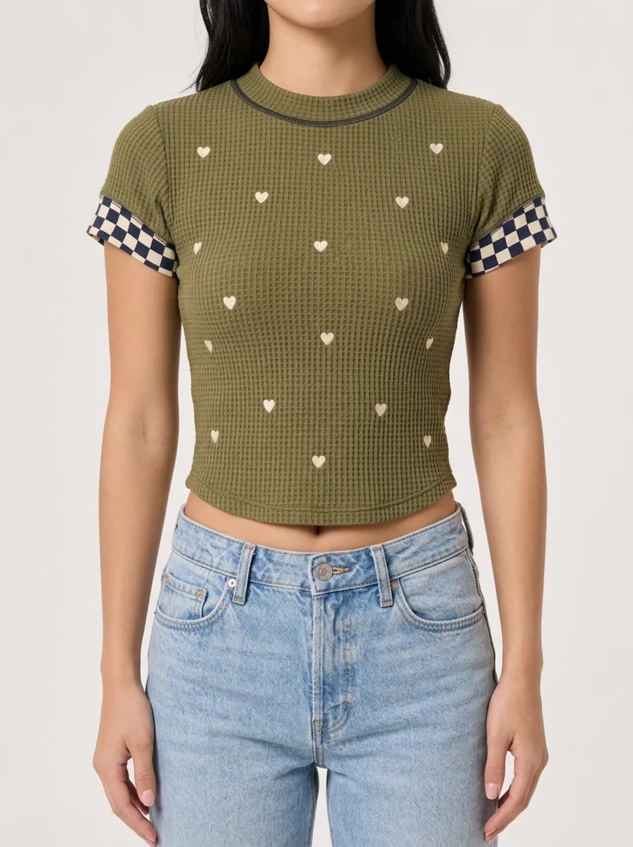 Women's Heart Pattern Checkered Sleeve Printed Waffle Top