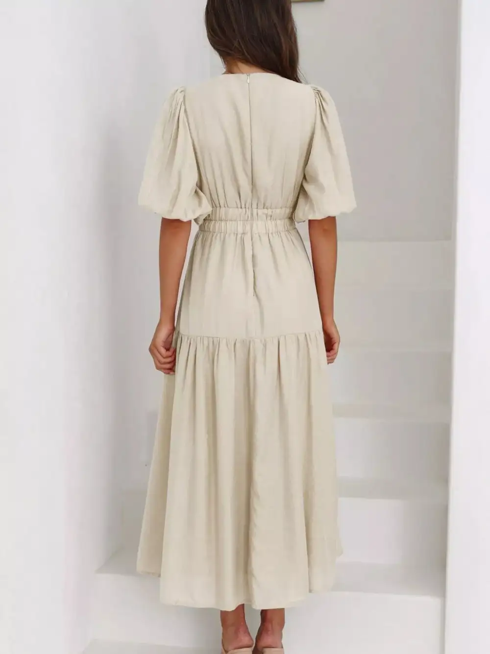 V Neck Puff Sleeve Midi Dress