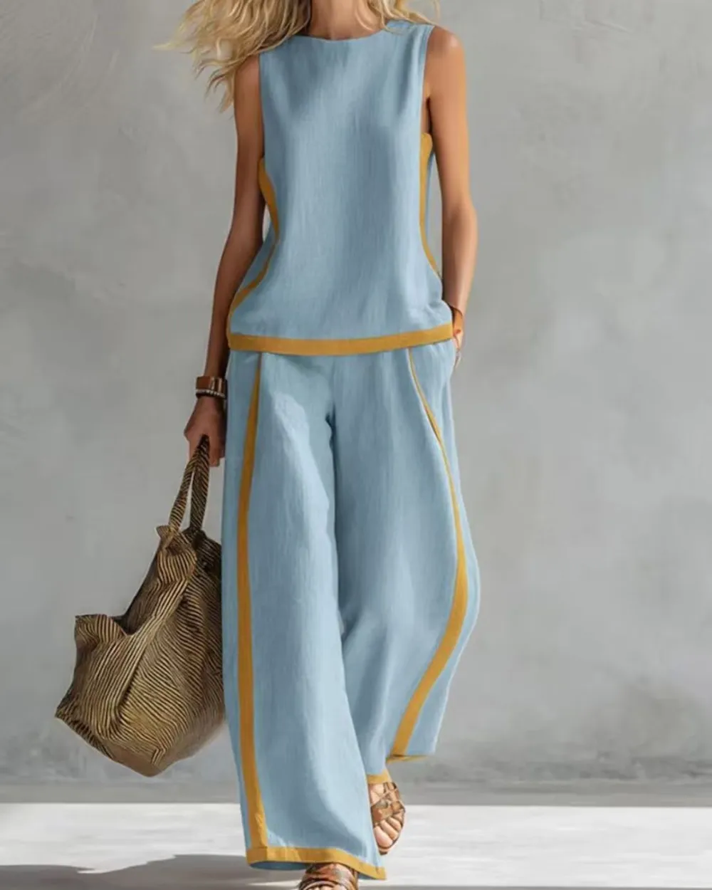 Sleeveless Contrast Trim Top Wide Leg Pants Set Breezy Summer Outfit