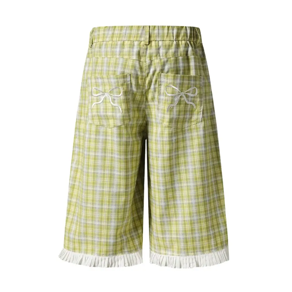 Relaxed Washed Plaid Denim Shorts