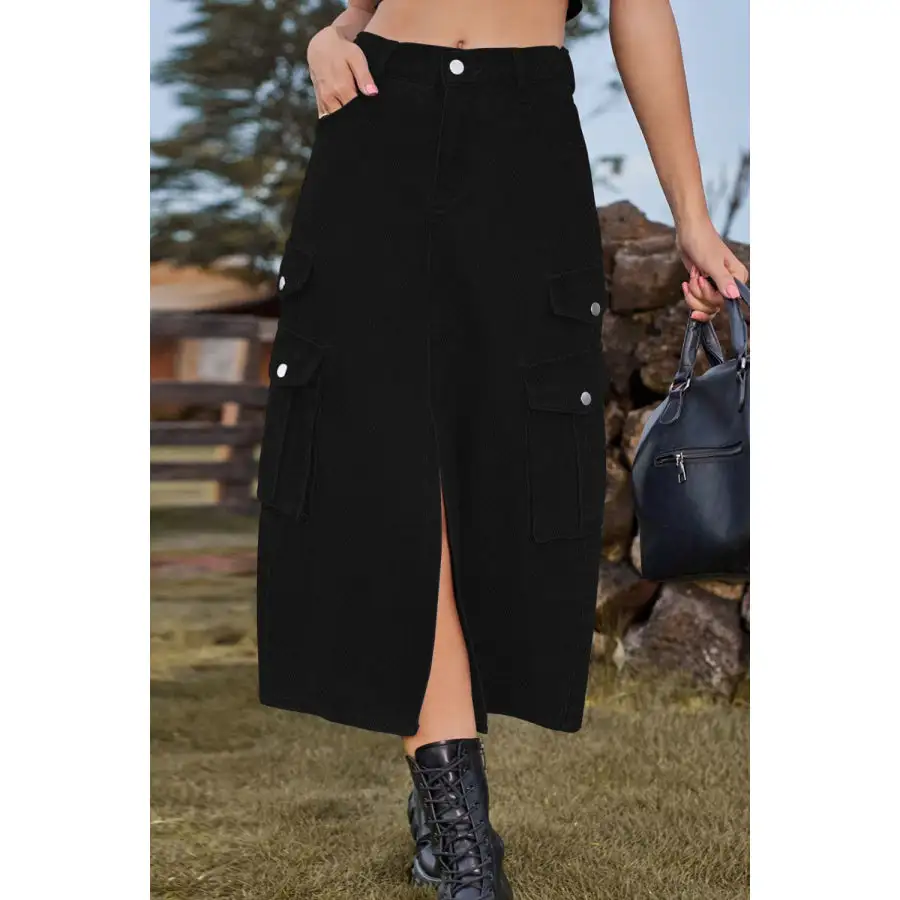 Slit Front Midi Denim Skirt with Pockets