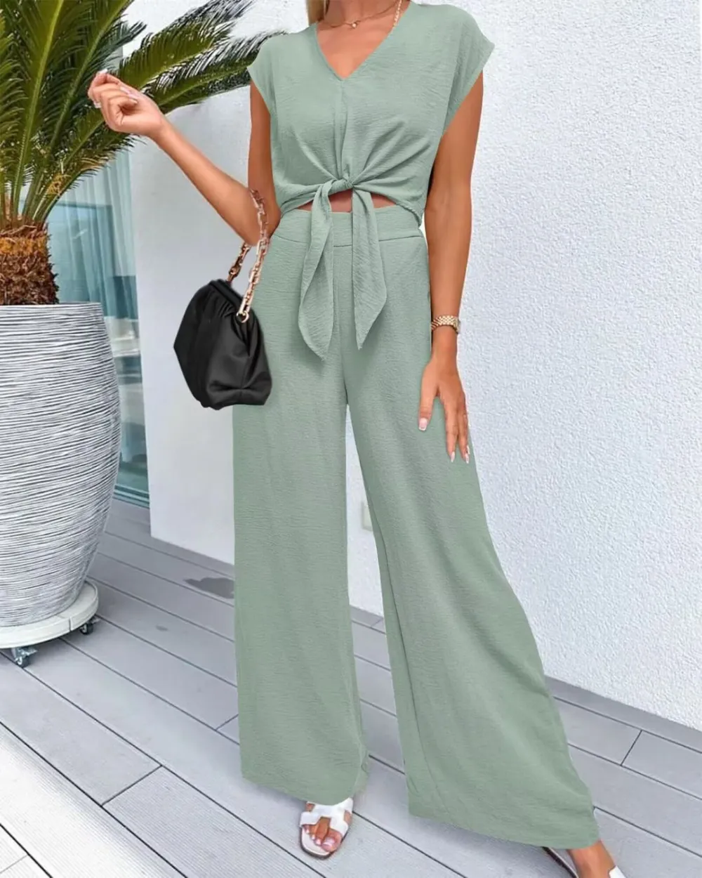 Belted V-Neck Crop Top and Wide-Leg Pants Two-Piece Set