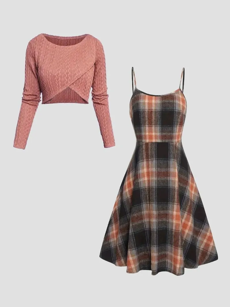 Women's Solid Wrap Hem Round Neck Textured Long Sleeve Crop Top & Plaid Print A-Line Dress Set