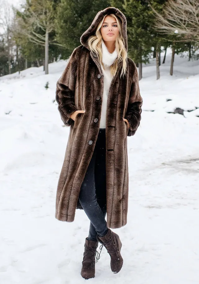 Coffee Faux Fur Hooded Reversible Storm Coat