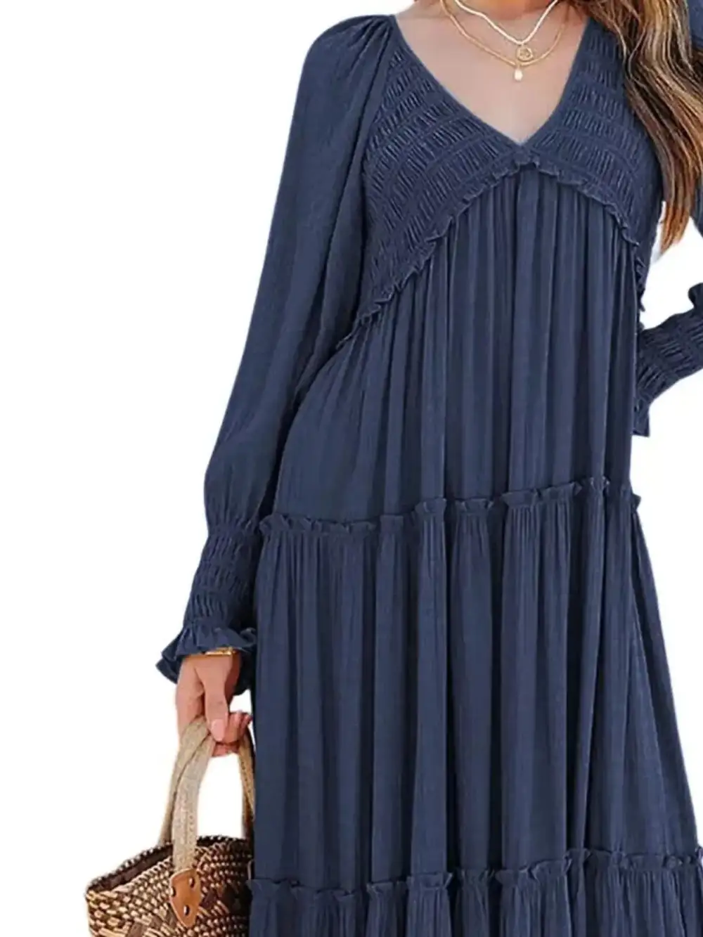 V Neck Tiered Long Sleeve Maxi Dress