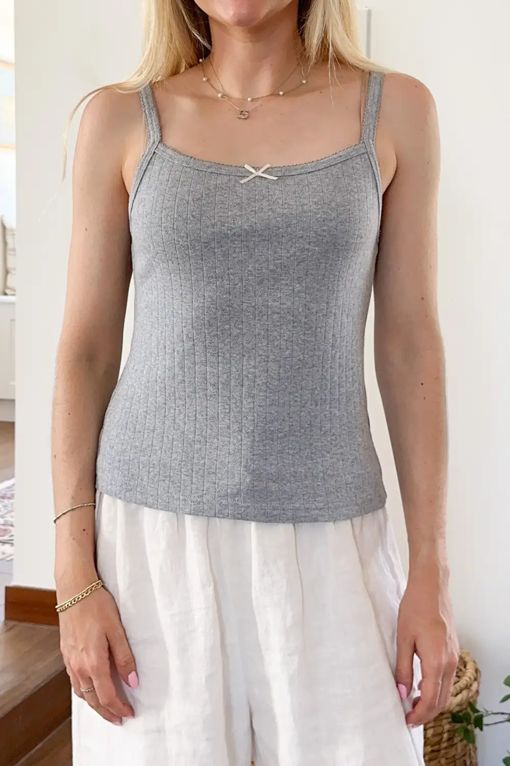 Boxy Fit Ribbed Knit Pointelle Tank Top