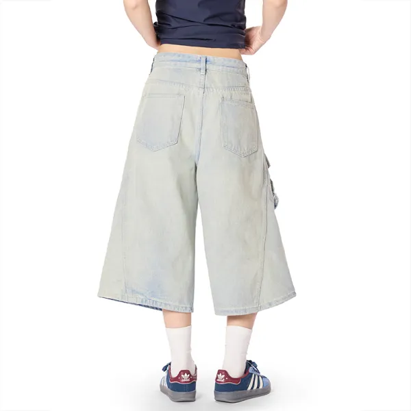 Vintage Wash Distressed Wide Leg Denim Shorts