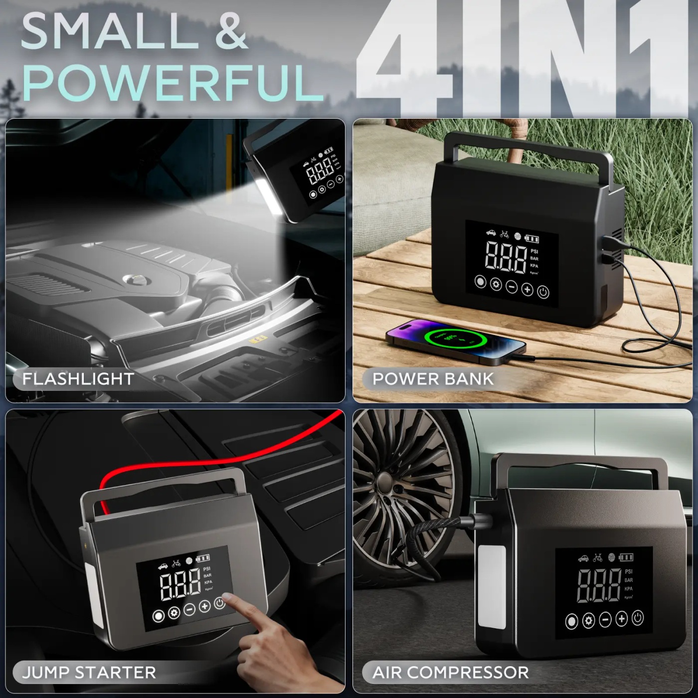Four functions: jump starter, air compressor, power bank and flashlight