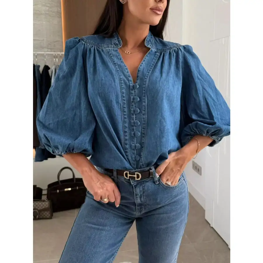 Button Down Puff Sleeve Denim Top