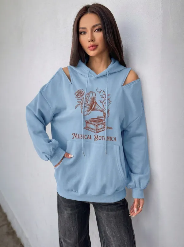 Women's Music Lover Botanical Gramophone Printed Cold Shoulder Hoodie