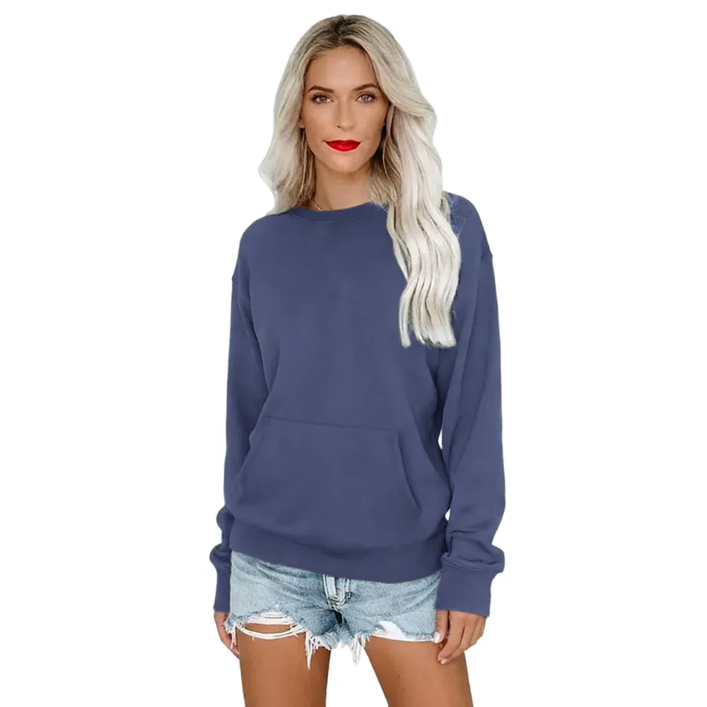 Women's Crewneck Hoodless Sweatshirt With Kangaroo Pocket Fleece Longsleeve Oversized Casual Style Shirt Lightweight Pullover