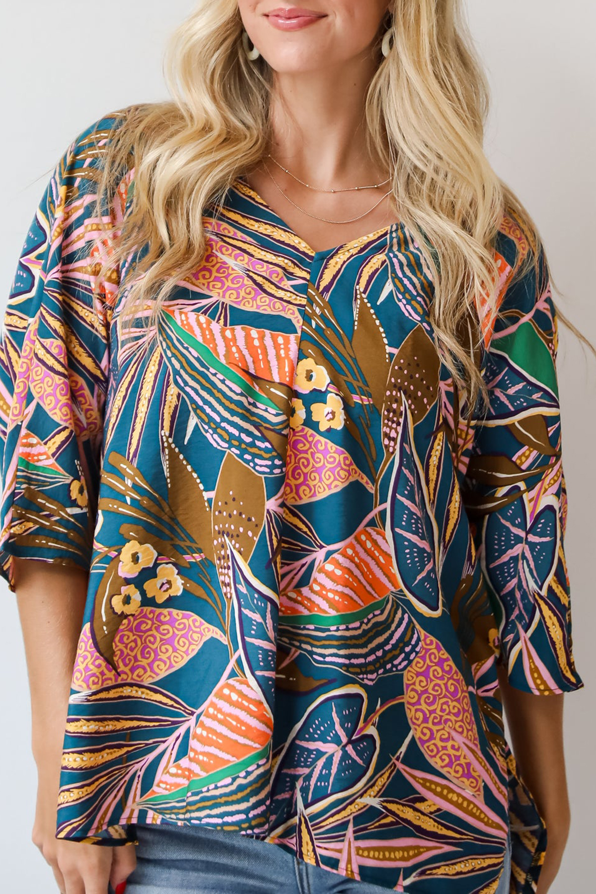Incredible Allure Teal Leaf Print Oversized Blouse