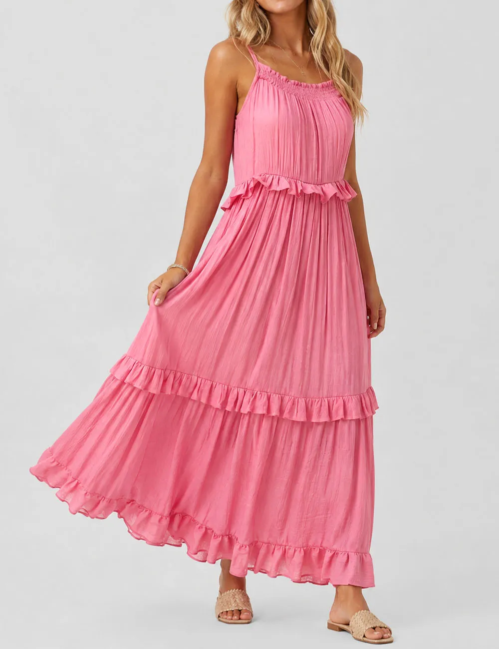 Boho Ruffle Tiered Hem Sleeveless Solid Color Maxi Dress