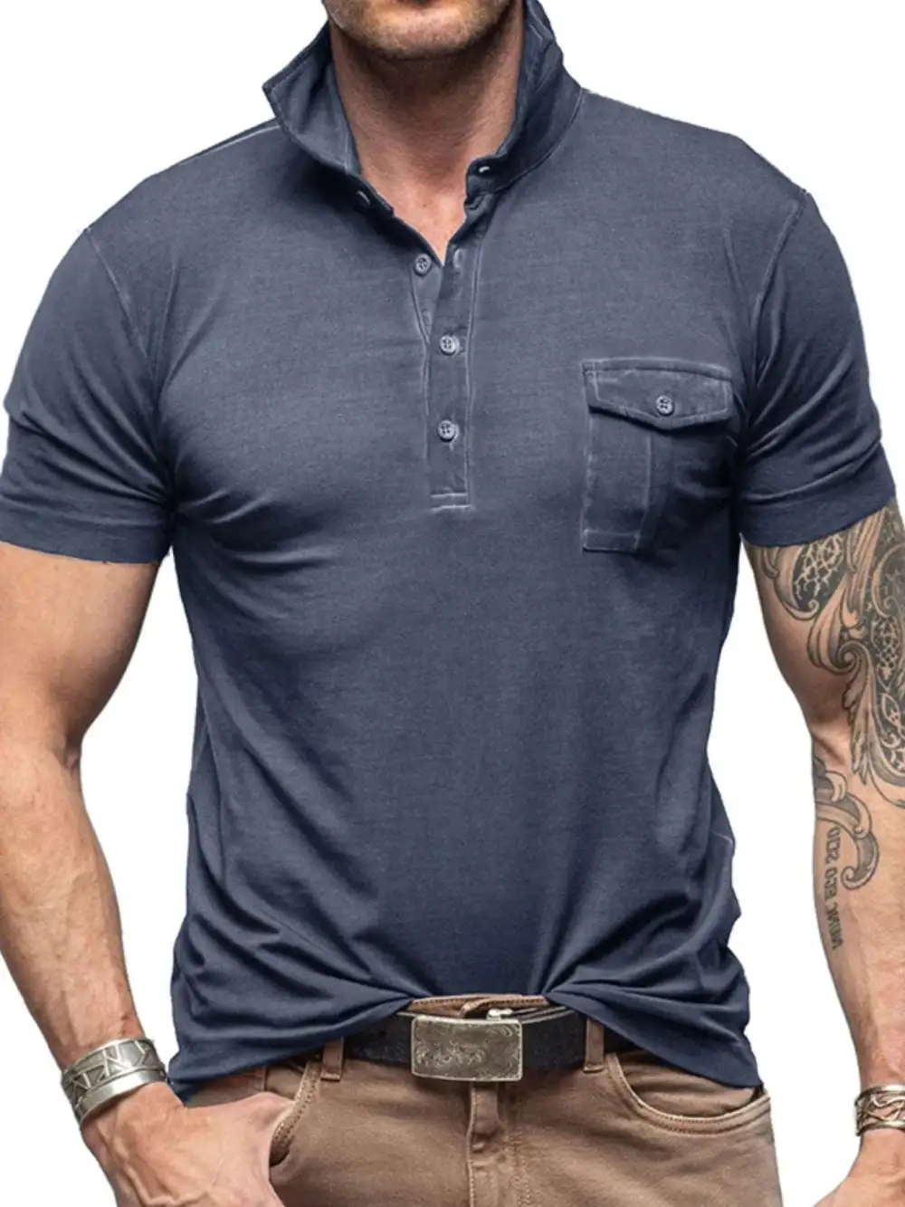 Stand-Collar Pocketed Polo Shirt