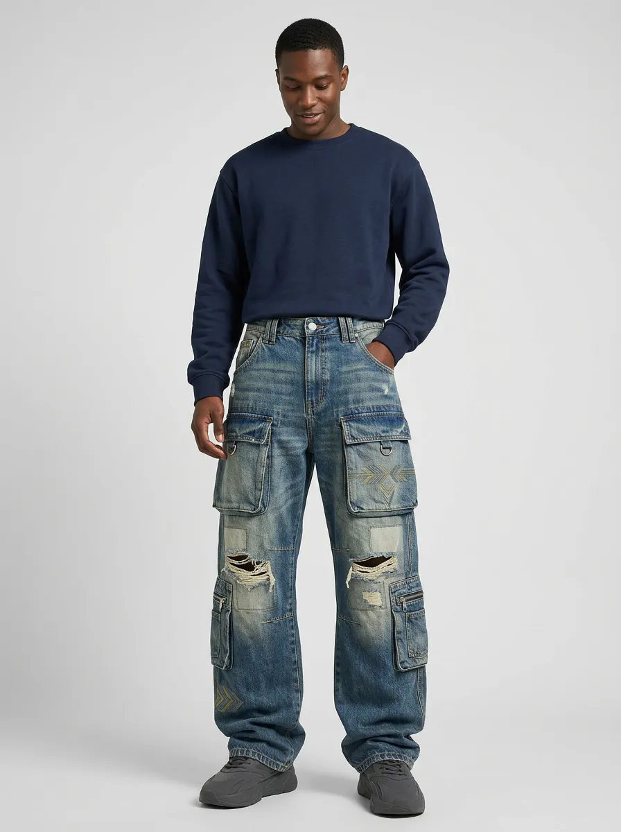 Men's Blue Washed Geometric Detail D-Ring Wide-Leg Denim Cargo Pants