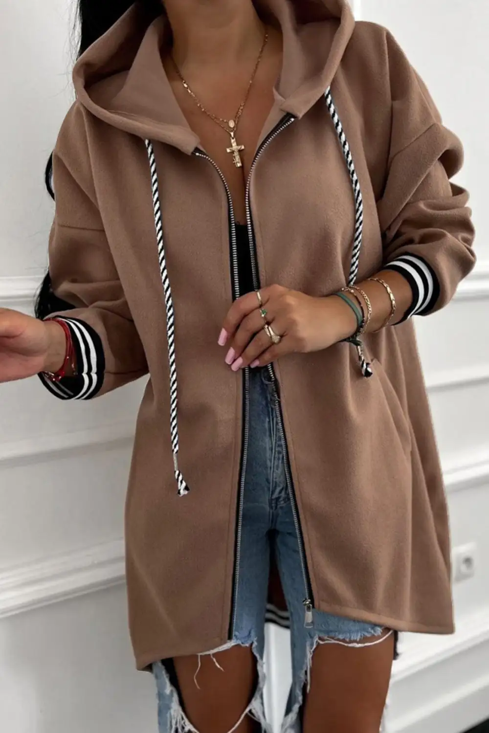 Relaxed Zip Detail Drop Shoulder Contrast Trim Hoodie