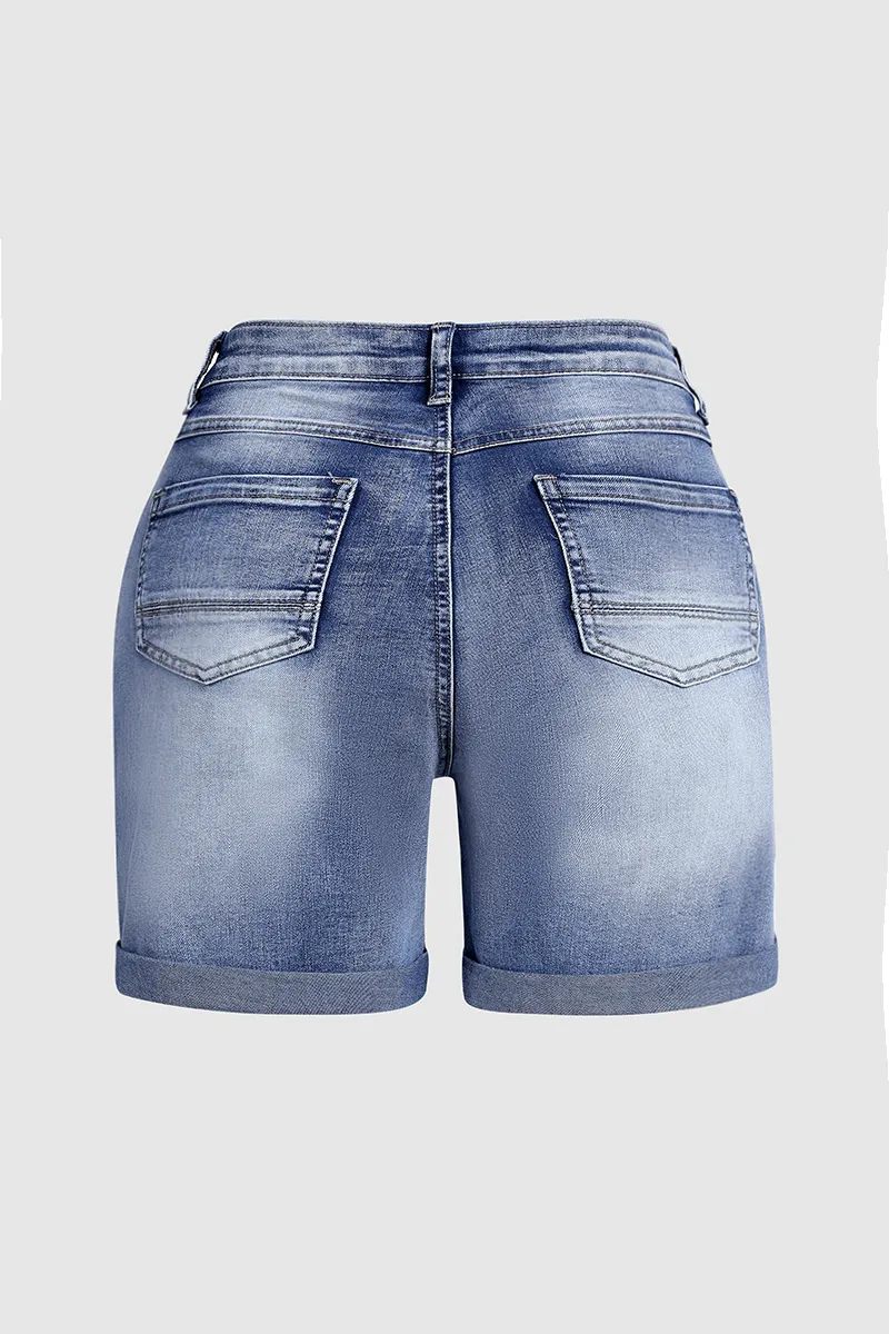 Button Fly Ripped Denim Shorts Without Belt