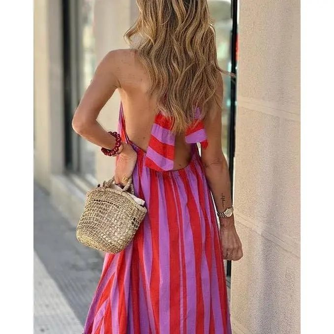 Striped Backless Maxi Dress