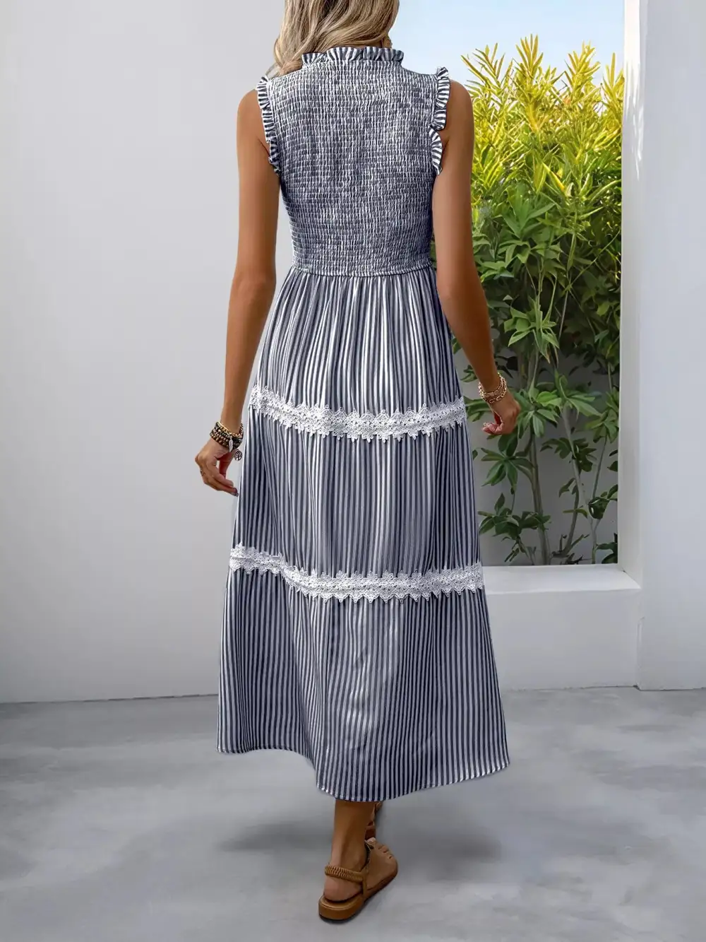Gathered Detail Striped Lace Smocked Midi Dress