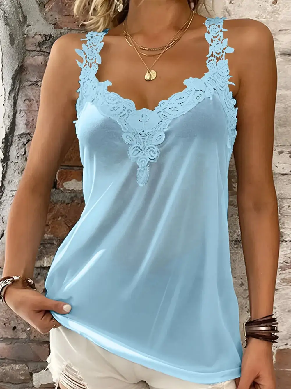 Lace Detail V-Neck Tank Polyester Blend