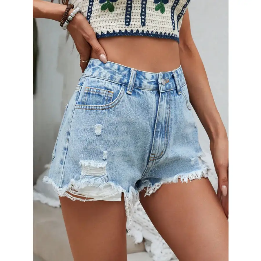 Relaxed Buttoned Raw Hem Distressed Pocketed Shorts