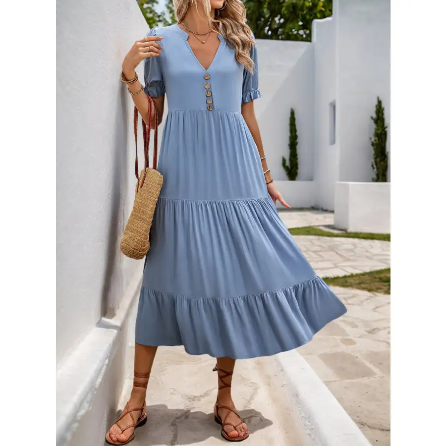 Notched Short Sleeve Tiered Midi Dress