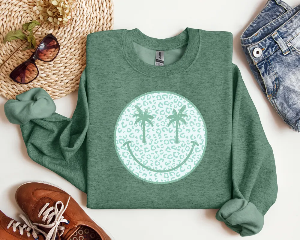 Palm Tree Smiley Graphic Crewneck Sweatshirt