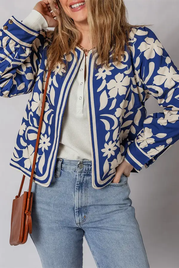 Flower Print Open Front Button Cuffs Elegant Jacket