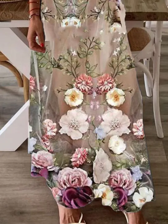 Casual Floral Print V-Neck Sleeveless Maxi Dress