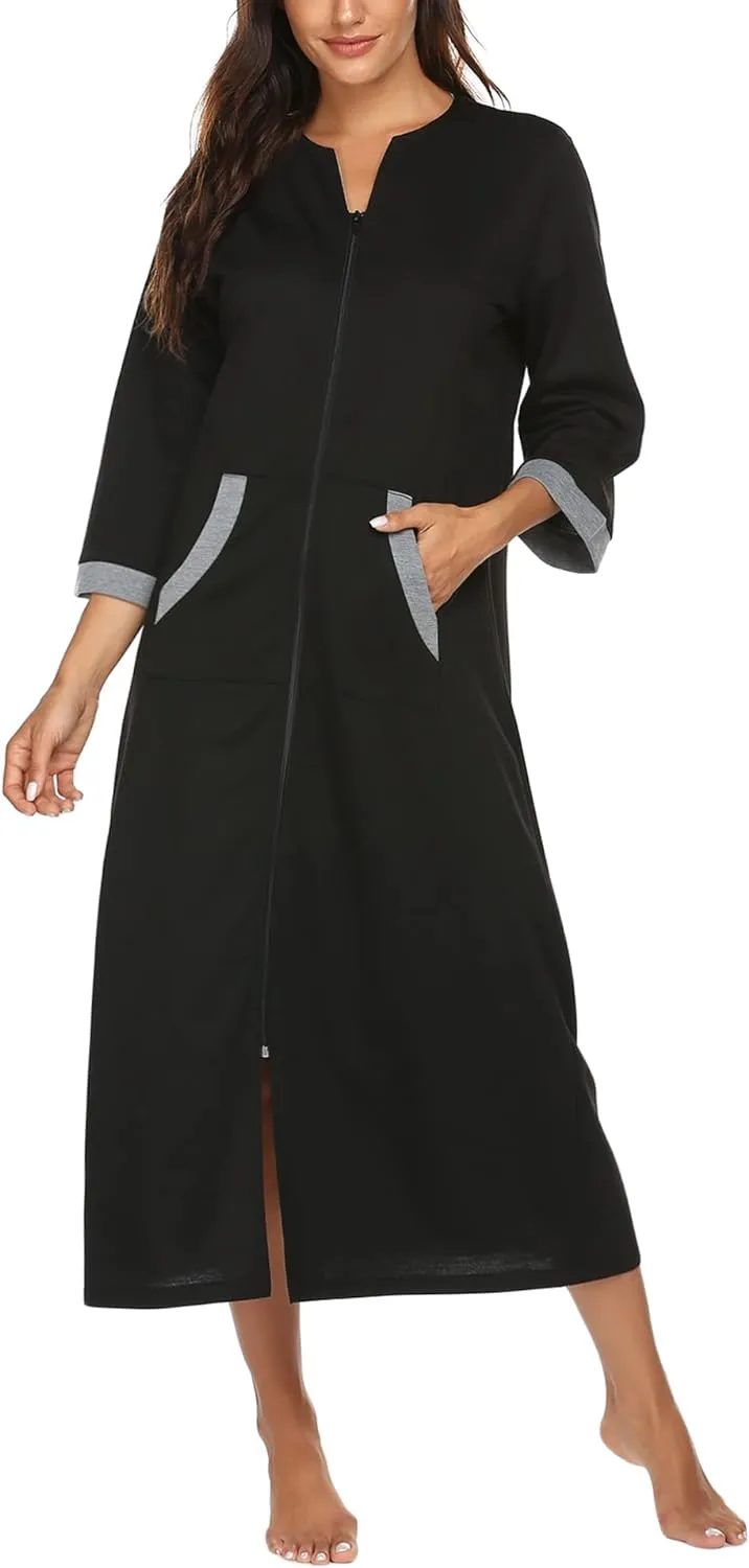50% OFF Women Zipper Robe 3/4 Sleeves Loungewear Dress Full Length Sleepwear Pockets Housecoat Nightgown Long Bathrobe