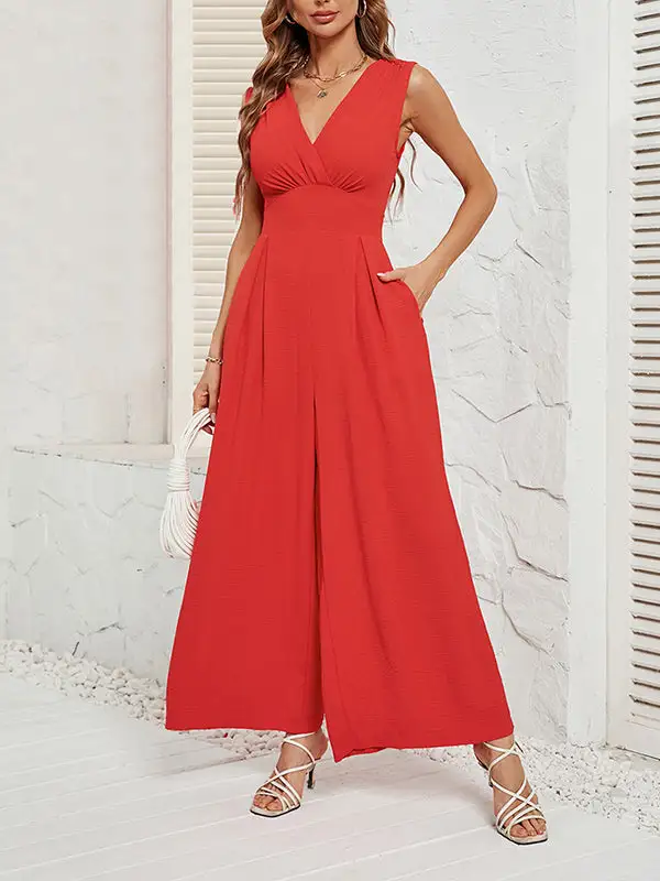 Losse Mouwloze Geplooide Jumpsuits Met Split Joint V