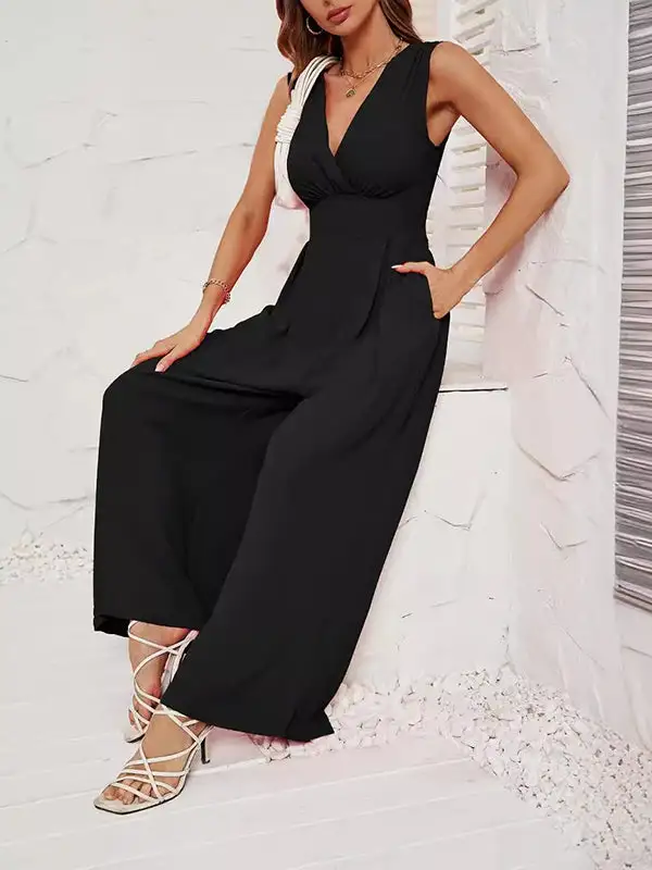 Losse Mouwloze Geplooide Jumpsuits Met Split Joint V