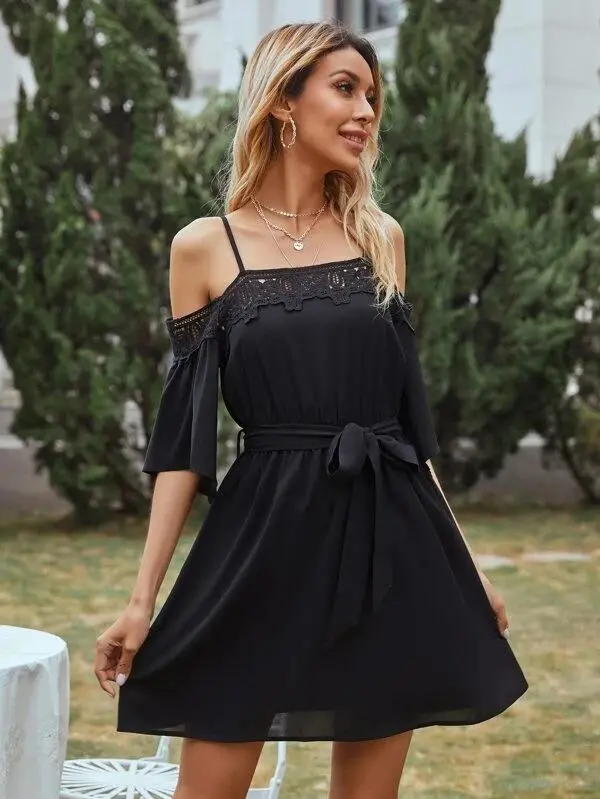 Women Solid Cold Shoulder Belted Dress