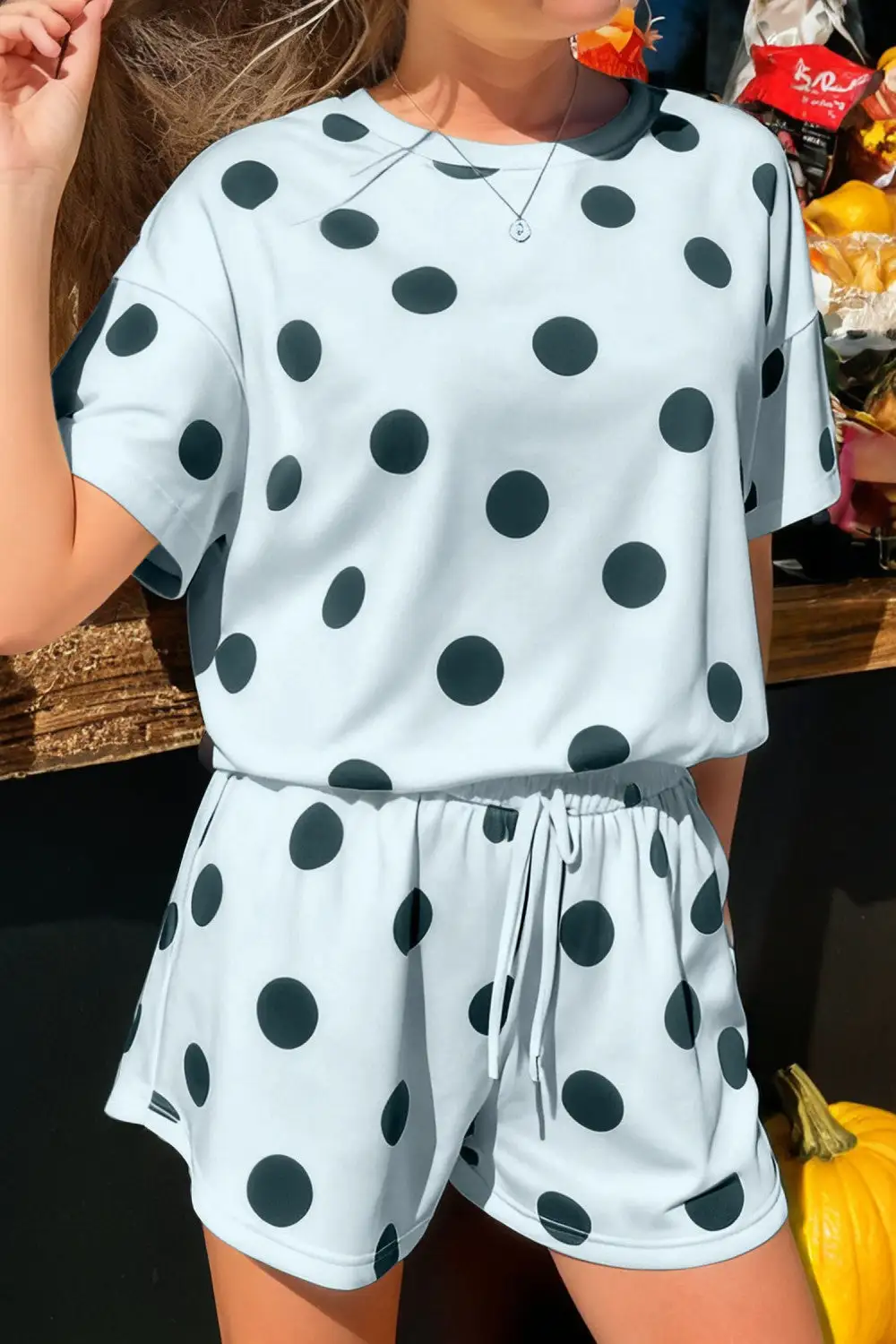 Modern Polka Dot Relaxed Drawstring Two Piece Set