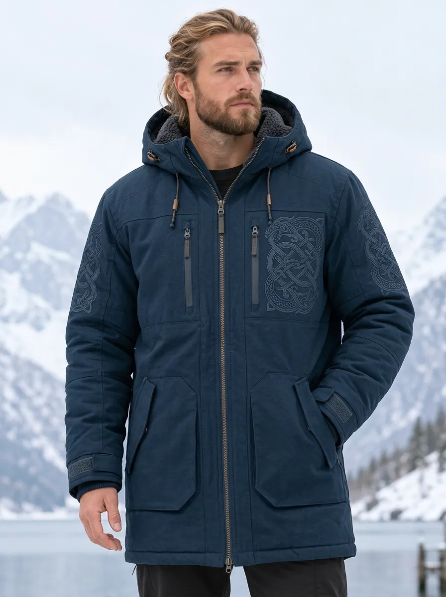 Men's Navy Fleece-Look Knotwork Hooded Winter Parka