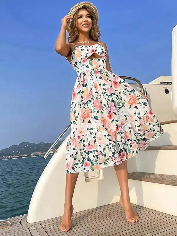 Women Ruched Cut-out Ruffle Hem Floral Cami Dress