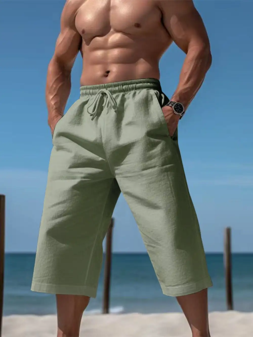Men's Full Size Casual Drawstring Cropped Pants Plus