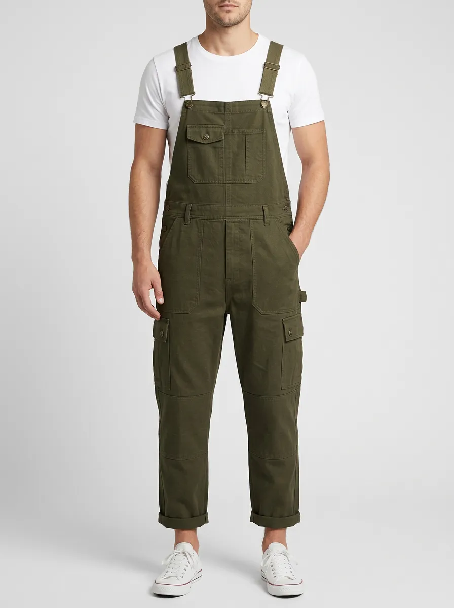 Men's Olive Green Reinforced-Knee Cargo Bib Overalls