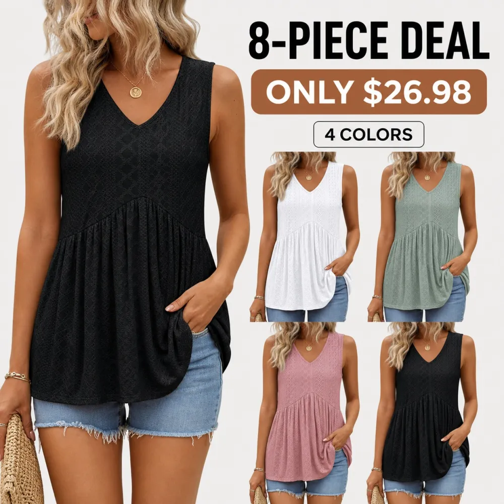 Women's Flowy V-Neck Babydoll Tank Tops Sleeveless Summer Peplum Tops