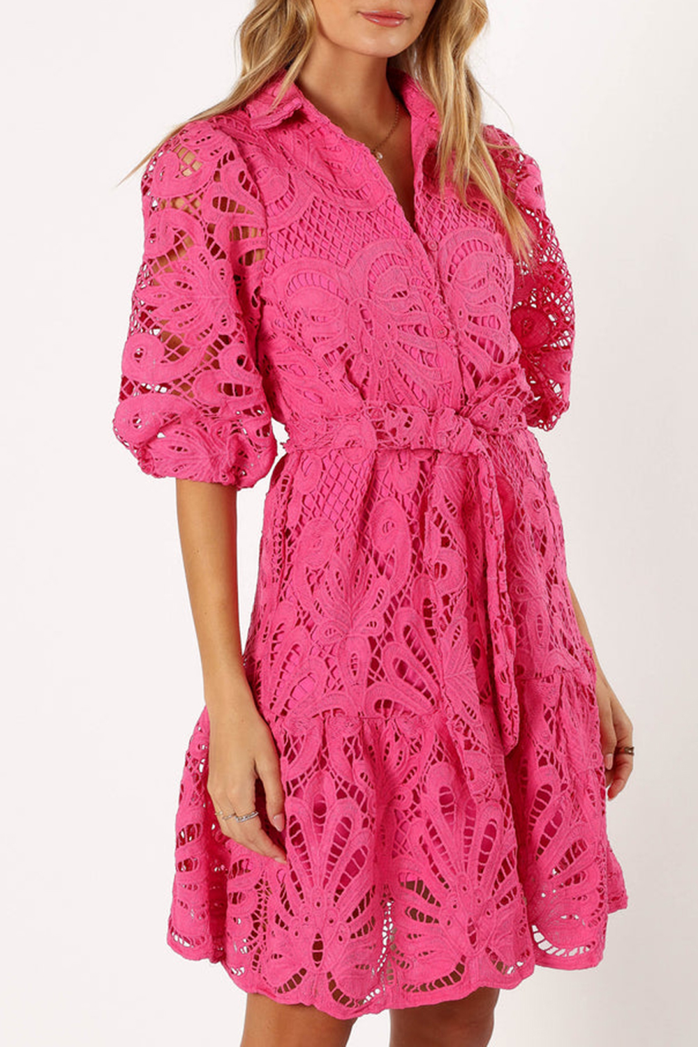 PINK HOLLOW LONG SLEEVE MINI DRESS