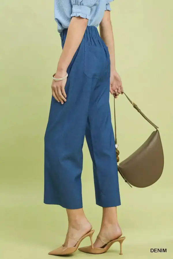 Denim Wide Leg Crop Pants with Front Pockets