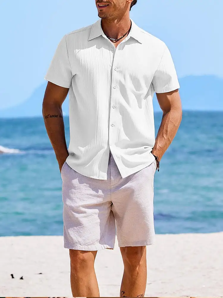 Casual Textured Summer Short Sleeve Beach Shirt