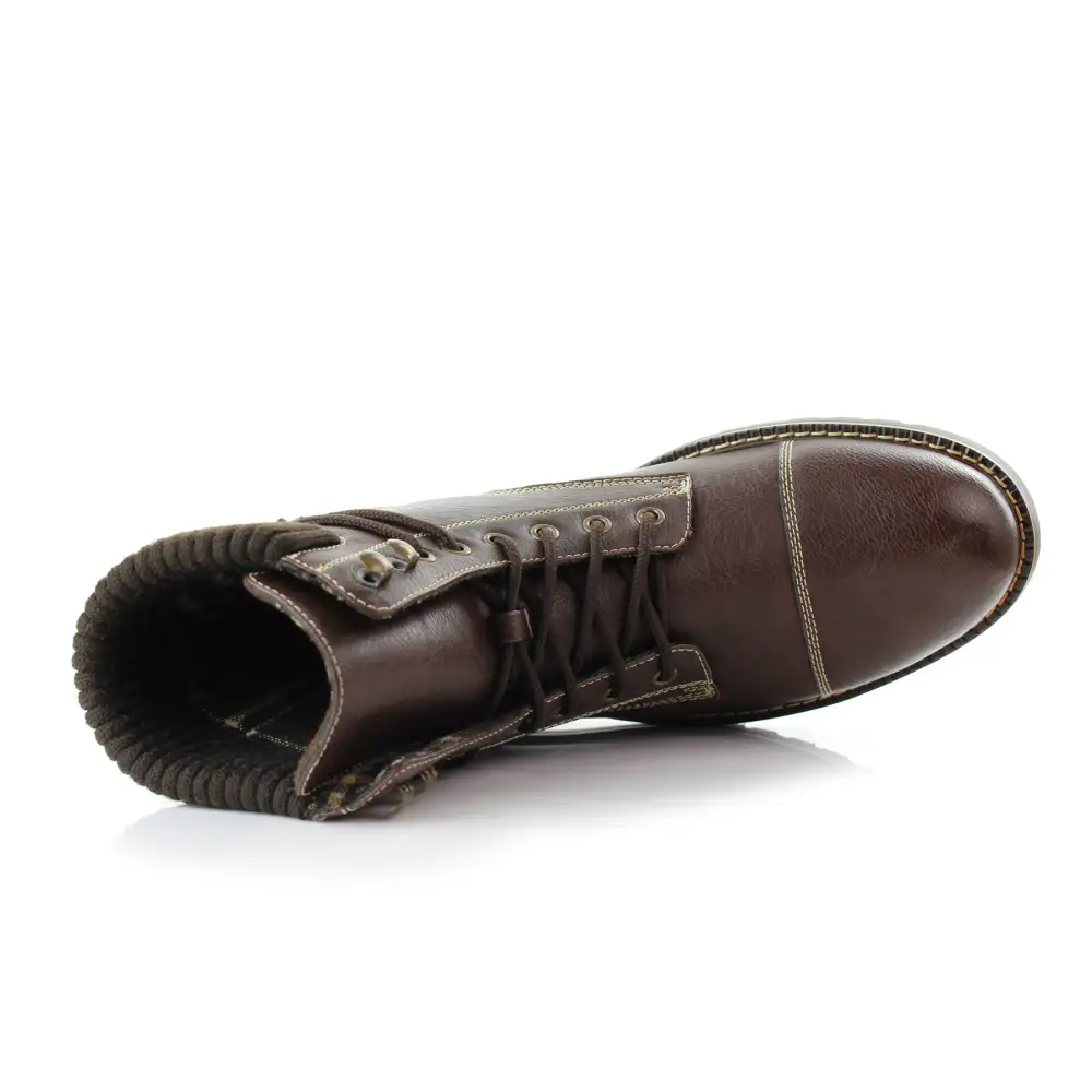 Faux-Leather Lace-Up Stitched Motorcycle Boots