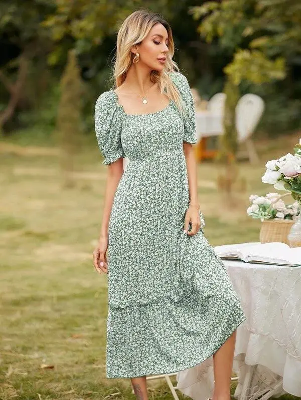 Women Square Neck Ditsy Floral Frill Trim Dress