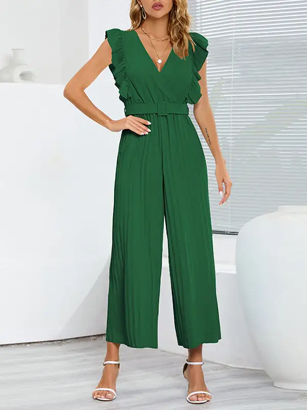 Hoog Getailleerde Losse Geplooide Jumpsuits Met V Hals