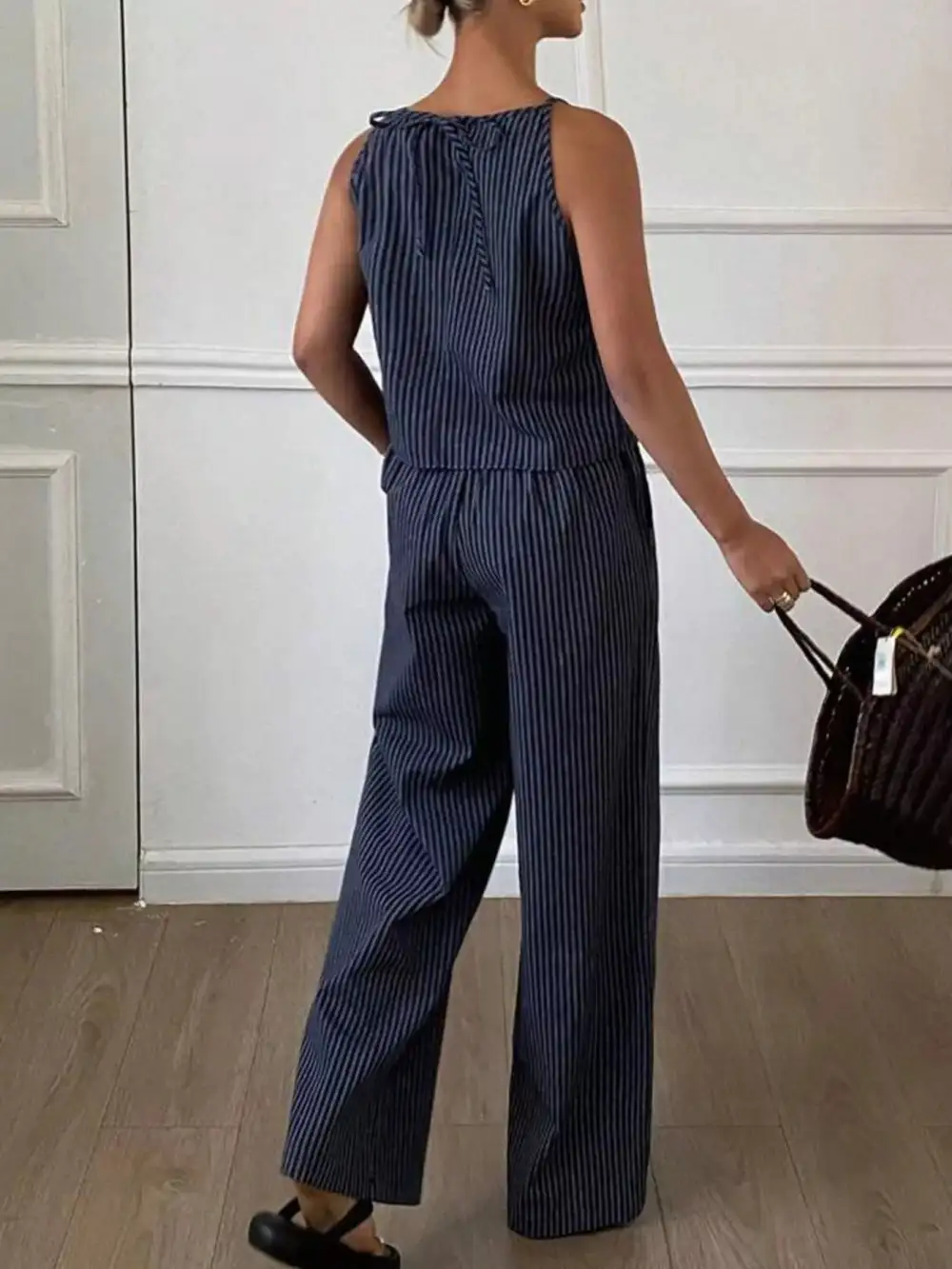 Refined Striped Sleeveless Top and Wide Leg Pants Set