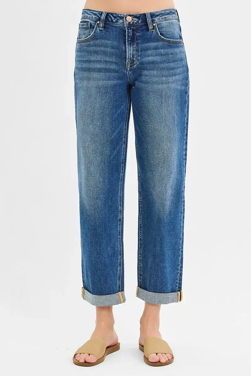 Mid-Rise Straight-Leg Boyfriend-Fit Cuffed Denim Jeans