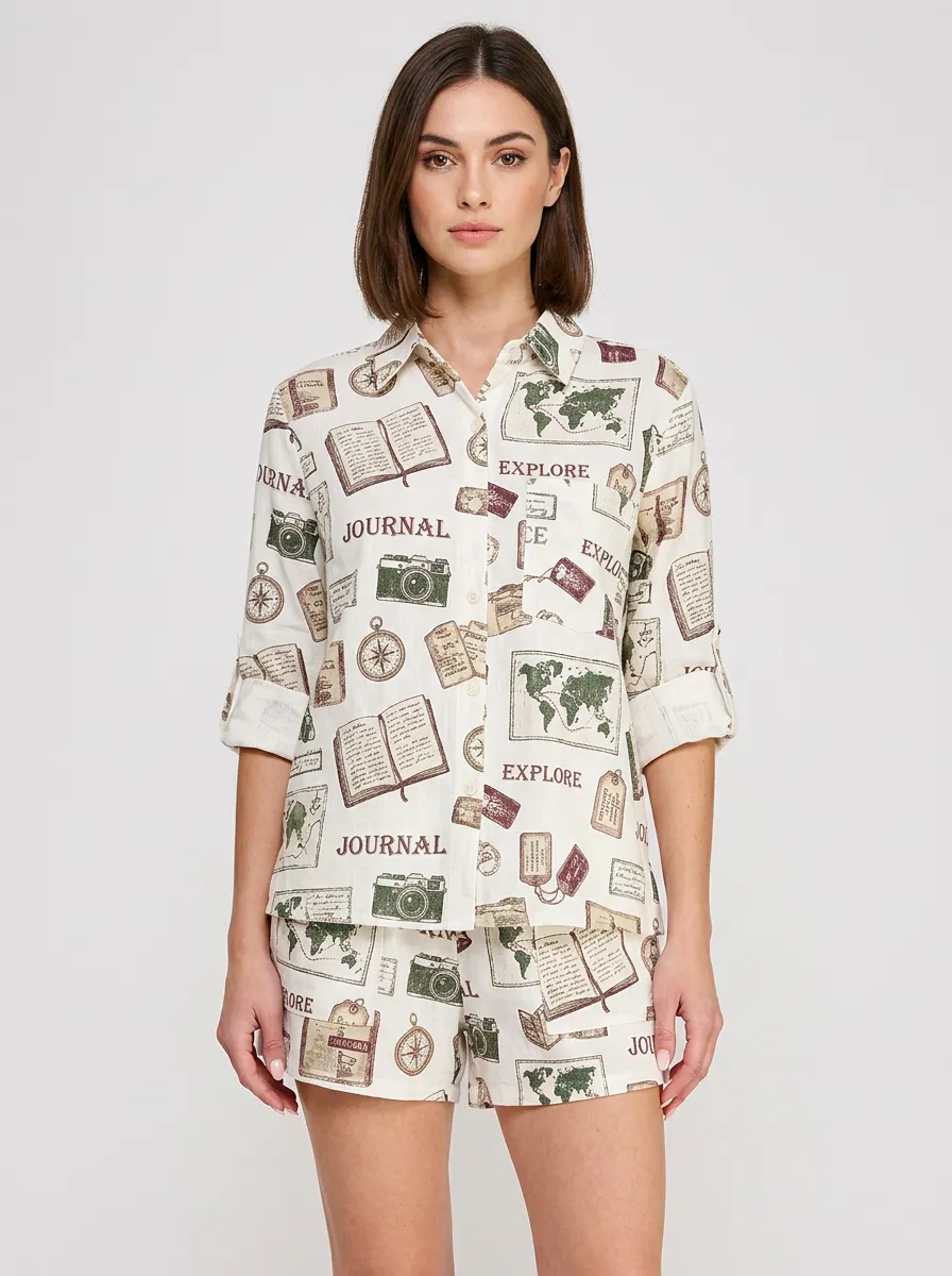Women's Travel Lover World Map Camera Journal Printed Shirt