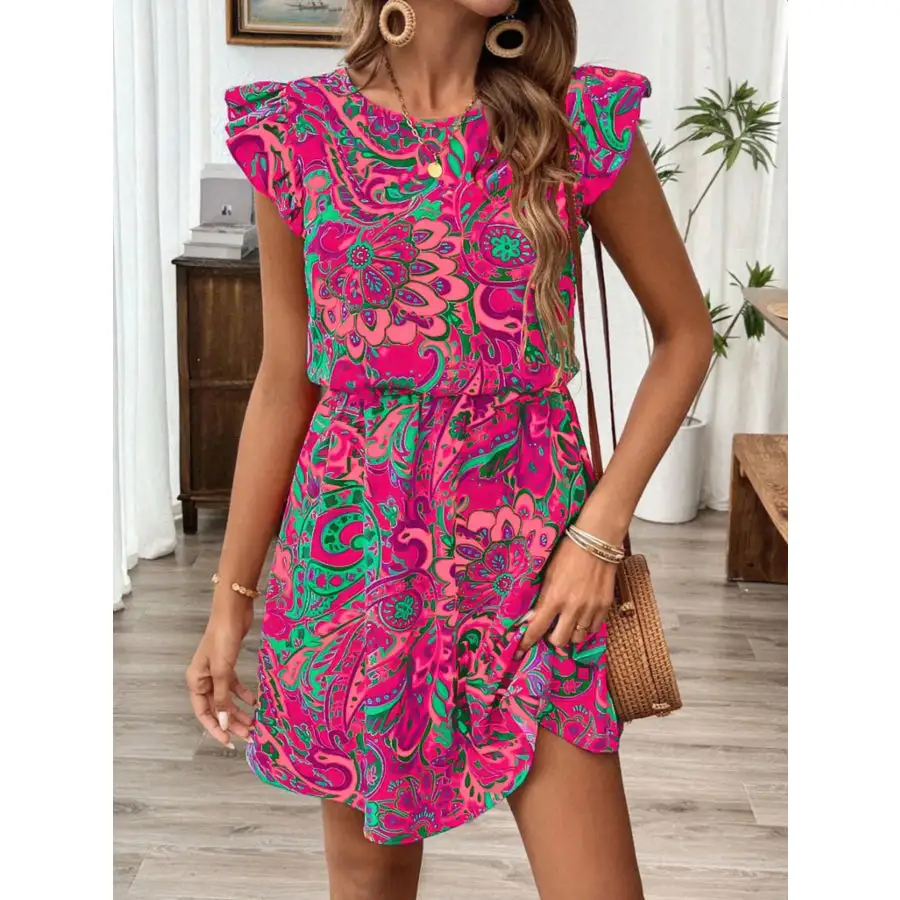 Paisley Print Ruffle Sleeve Mini Dress